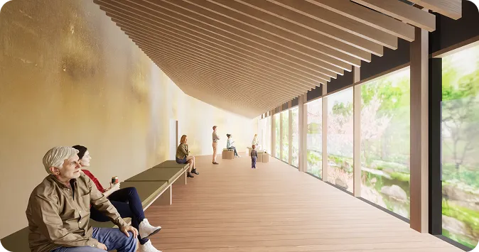 東西両館をつなぐ回廊から眺める野花の谷のイメージ