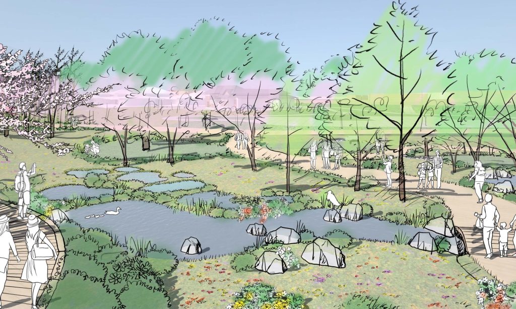 手描きのスケッチ。手前に石組みのある池と草地が広がり、桜や新緑の木々の間を木道が通る。来場者が散策し水辺を眺めている